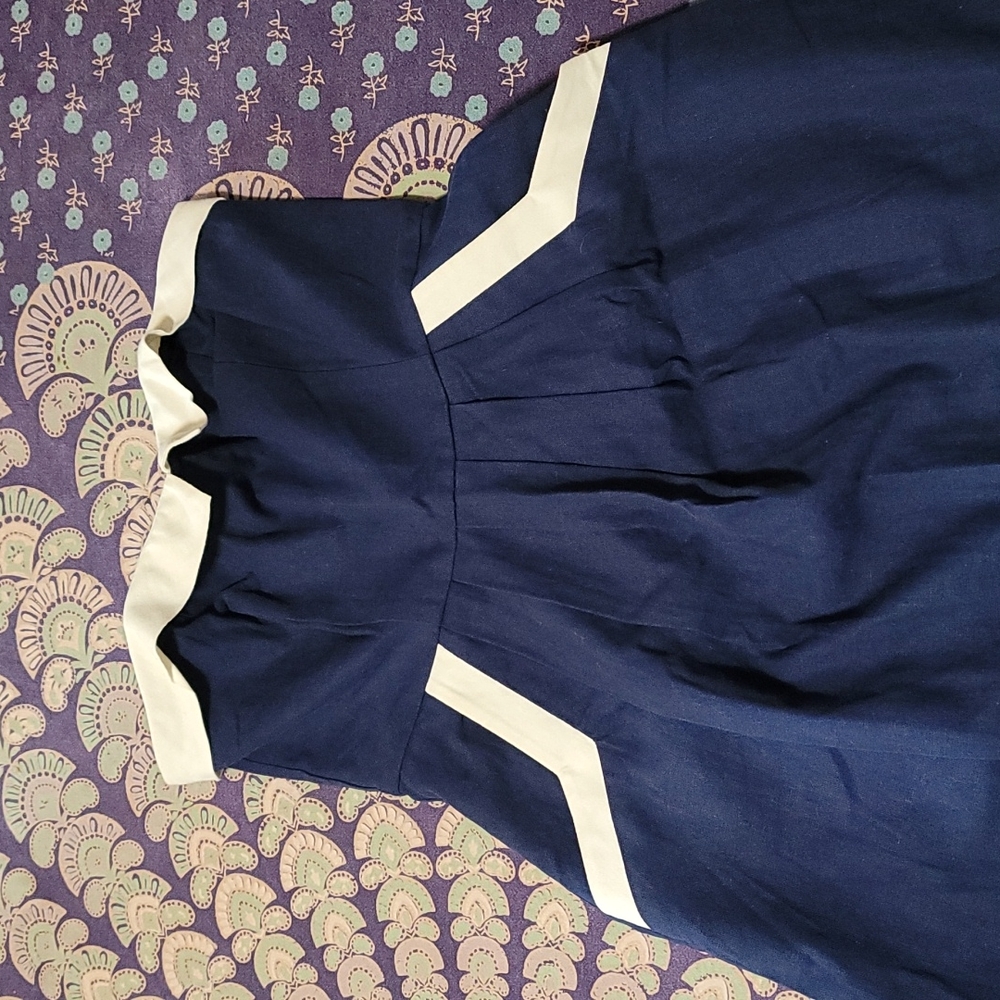 Navy + Cream Strapless Linen Vintage Inspired Sweetheart Dress